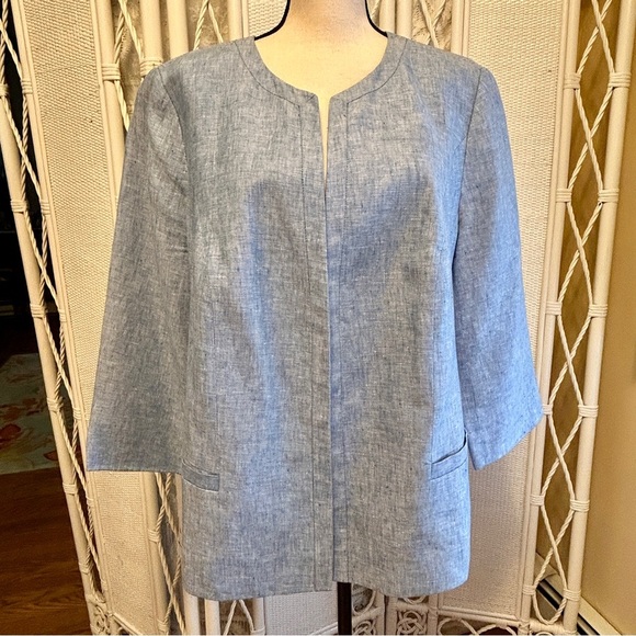 Talbots Blazer Chambray Blue Linen Open Front Collarless Jacket Plus size 20W - Picture 2 of 16